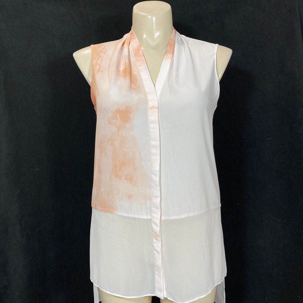 NWT Tahari Tunic LARGE White Orange Ombre High Low Top‎ Tux Tail Chiffon Blouse